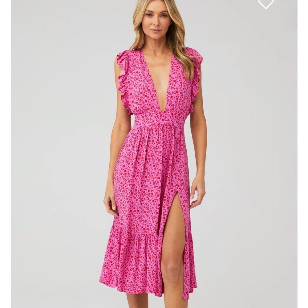 Pink Floral V-Neck Midi Dress with Ruffle Shoulders